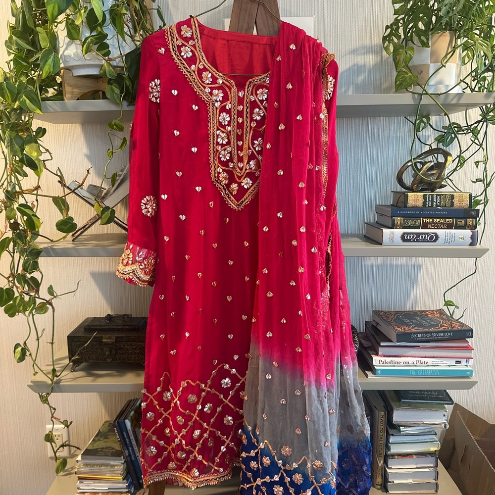 Red and Blue Gota Patti chiffon dress